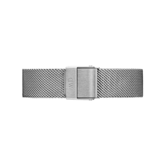 Stainless steel mesh watch strap in polished silver with a secure fold-over clasp, featuring a refined woven texture and adjustable fit.