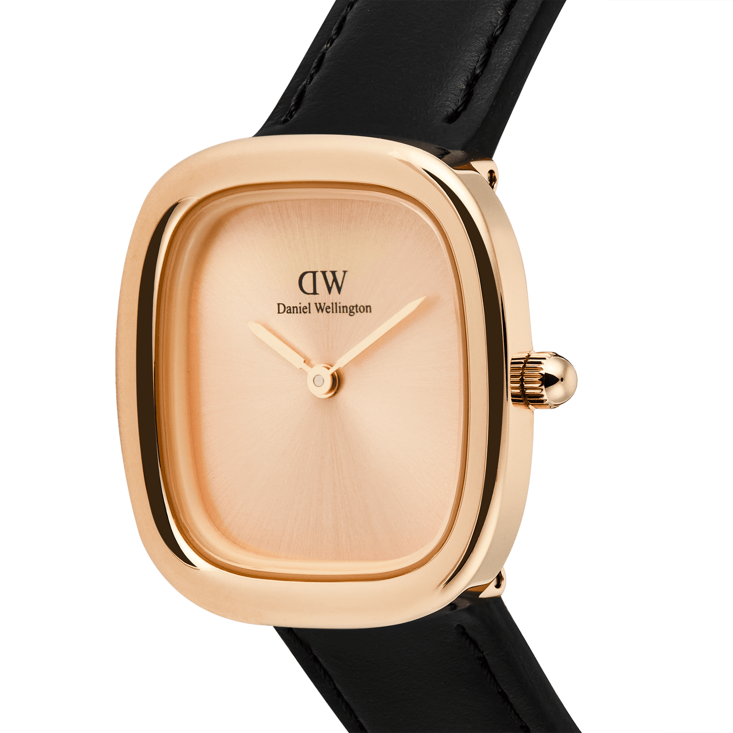 Close-up of the Margot Sheffield Unitone Sunray Rose Gold watch, showcasing its polished square rose gold case, minimalist sunray dial, and slim black leather strap.