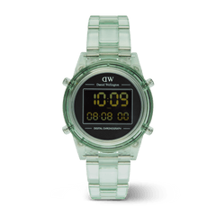 Daniel Wellington Retro Digital Light Green watch with a transparent light green bio-based strap and case, featuring a black digital display and bold yellow numerals.