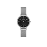 Petite Lumine Bezel Sterling Black MOP women’s watch with black mother of pearl dial, crystal bezel, and silver mesh strap.