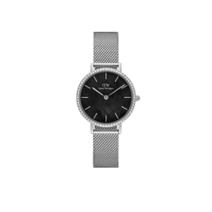 Petite Lumine Bezel Sterling Black MOP women’s watch with black mother of pearl dial, crystal bezel, and silver mesh strap.
