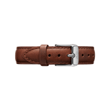 Daniel Wellington St Mawes Strap Silver in rich brown leather with precise stitching and a polished silver buckle, suitable for both men’s and women’s watches.