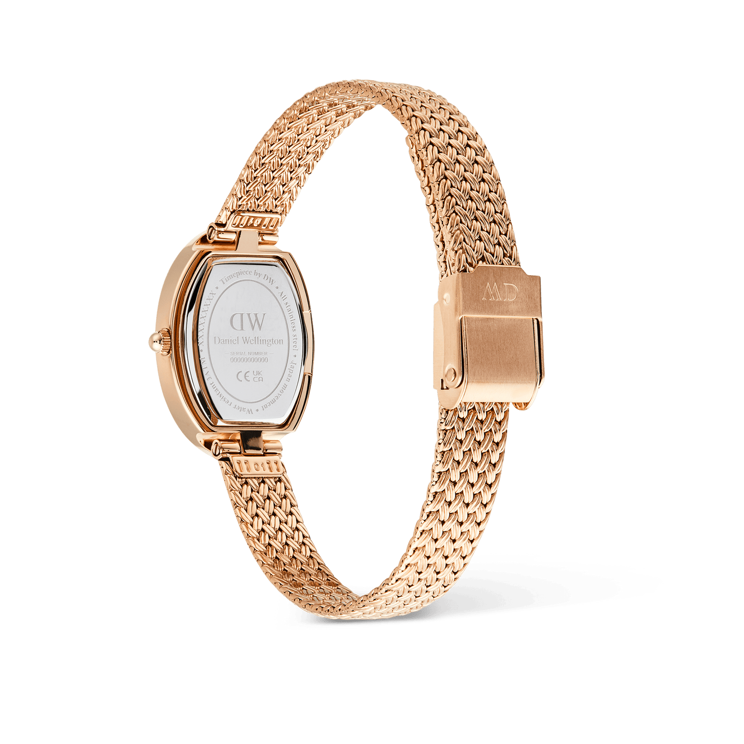 Rear view of the Juliette Braided Mesh White Sunray Rose Gold watch, showing the engraved case back, rose gold-plated oval case, and adjustable braided mesh strap with a secure fold-over clasp.