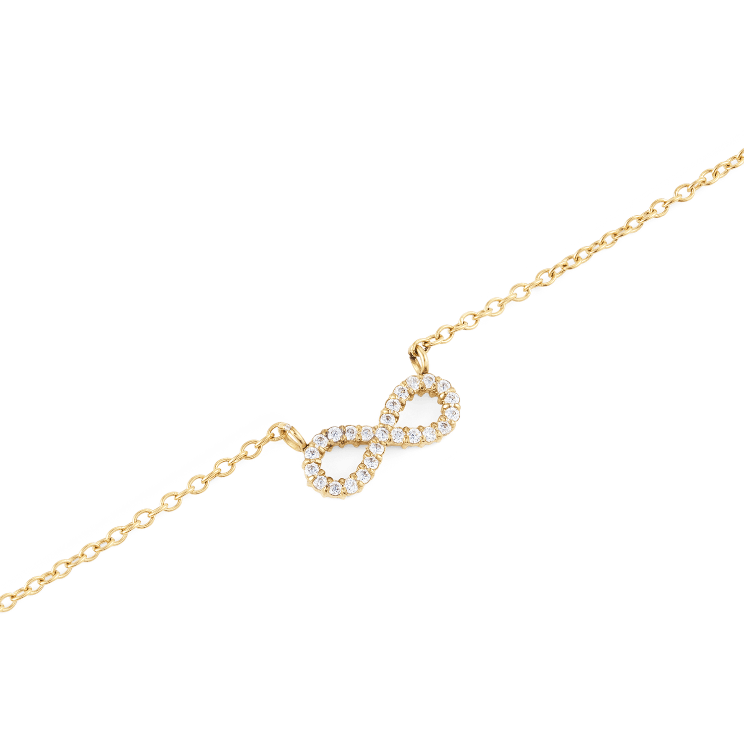 Close-up of the Mirelle Infinity Necklace Gold, showcasing a fine gold chain with a central infinity symbol encrusted with sparkling white cubic zirconia crystals.