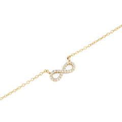 Close-up of the Mirelle Infinity Necklace Gold, showcasing a fine gold chain with a central infinity symbol encrusted with sparkling white cubic zirconia crystals.