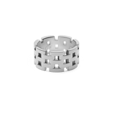 Polished silver ring with a bold five-link design and sculptural gaps, inspired by classic watch straps.