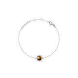 Silver Audrey bracelet with domed tiger eye stone and cubic zirconia accents on a fine adjustable chain, elegant and minimalist.