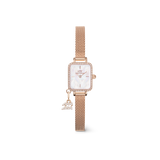 Rose gold Quadro Mini Crystal Zodiac Melrose women’s watch with a rectangular crystal-framed case, white mother of pearl dial, mesh strap, and a sparkling zodiac charm for a personalised touch.
