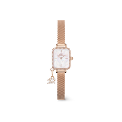 Rose gold Quadro Mini Crystal Zodiac Melrose women’s watch with a rectangular crystal-framed case, white mother of pearl dial, mesh strap, and a sparkling zodiac charm for a personalised touch.