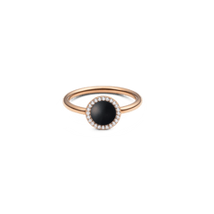 Rose gold ring with round black agate centre, haloed by white cubic zirconia, elegant and modern jewellery for women.