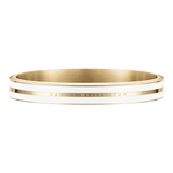 Elegant Emalie Infinite Gold Satin White bangle featuring a polished gold finish, white enamel inlay, and Daniel Wellington engraving.