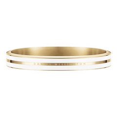 Elegant Emalie Infinite Gold Satin White bangle featuring a polished gold finish, white enamel inlay, and Daniel Wellington engraving.