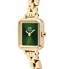 Close-up of the Quadro Mini Arch 3-link Emerald Sunray Gold watch, highlighting its rectangular gold-tone case, emerald green sunray dial, and polished 3-link bracelet.