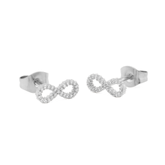 Pair of Mirelle Infinity Earring Silver studs featuring polished stainless steel and sparkling white cubic zirconia crystals in a delicate infinity symbol design.