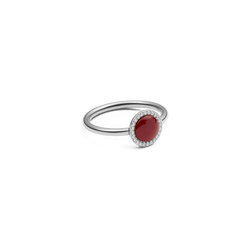 Audrey Ring in silver with round red agate centre and pavé cubic zirconia halo, slim band, modern elegant design.