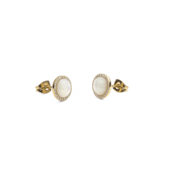 Audrey Earrings Mother of Pearl Gold shown from a side angle, highlighting the domed mother of pearl centre, gold PVD finish, and the surrounding row of sparkling cubic zirconia crystals on each stud.