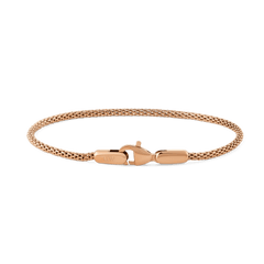 Slim rose gold mesh bracelet with a polished lobster clasp, crafted from 316L stainless steel and featuring a delicate, modern design.