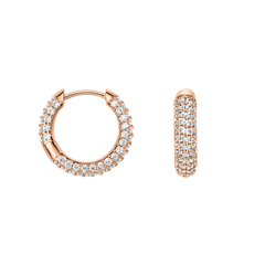 Pair of rose gold pavé crystal hoop earrings with a continuous surface of closely set cubic zirconia stones and a secure hinge lock.