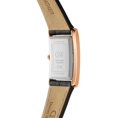 Close-up of the Bound Black Crocodile Rose Gold watch showing the engraved stainless steel case back and genuine leather strap.