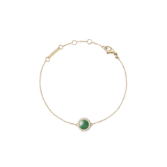 Gold bracelet with central green jade stone, surrounded by white crystals and adjustable chain, elegant and dainty design.