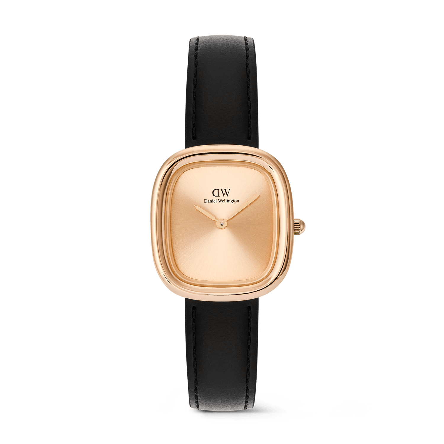 Margot Sheffield Unitone Sunray Rose Gold women’s watch featuring a polished square rose gold case, minimalist sunray dial without indices, and a slim black leather strap for a refined, modern look.