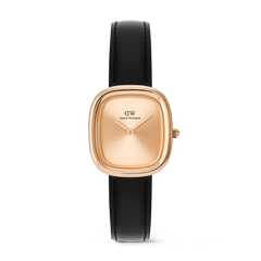 Margot Sheffield Unitone Sunray Rose Gold women’s watch featuring a polished square rose gold case, minimalist sunray dial without indices, and a slim black leather strap for a refined, modern look.