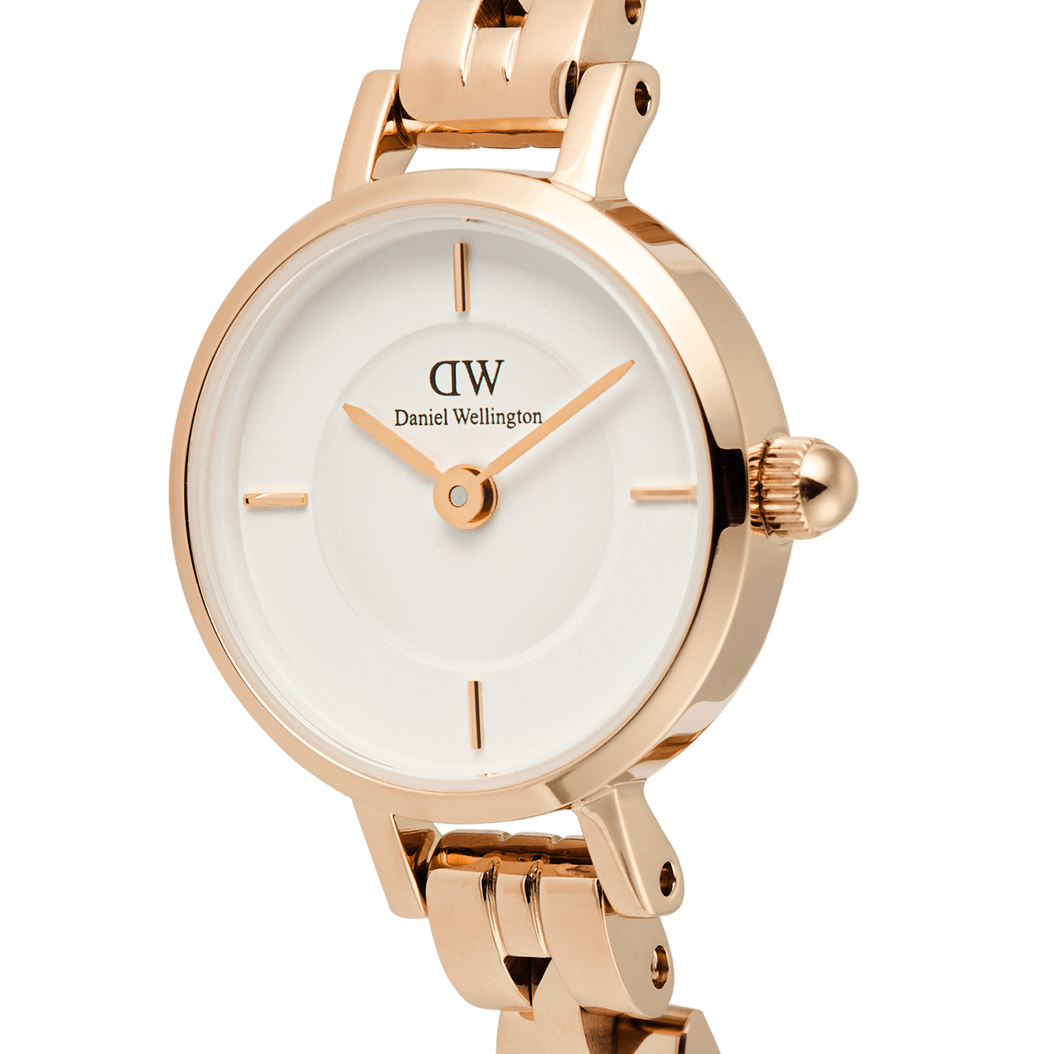 Close-up of the Petite Mini Arch 3-link White Rose Gold watch, highlighting its polished rose gold case, minimalist white dial, and distinctive arched 3-link bracelet designed for small wrists.