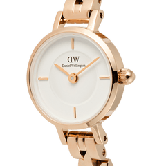 Close-up of the Petite Mini Arch 3-link White Rose Gold watch, highlighting its polished rose gold case, minimalist white dial, and distinctive arched 3-link bracelet designed for small wrists.