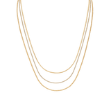Trio of rose gold box chain necklaces designed for elegant layering, featuring a polished, minimalist style.