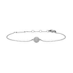 Delicate silver chain bracelet featuring a round pavé pendant set with sparkling cubic zirconia crystals and an adjustable clasp.