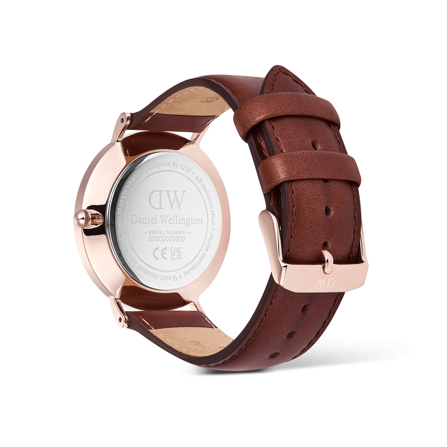 Rear view of the Classic Day Display St Mawes Rose Gold Arctic watch, showing the engraved stainless steel case back and adjustable brown leather strap with a rose gold buckle.