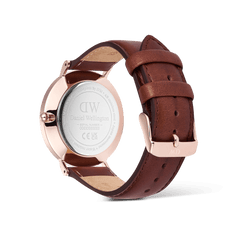 Rear view of the Classic Day Display St Mawes Rose Gold Arctic watch, showing the engraved stainless steel case back and adjustable brown leather strap with a rose gold buckle.