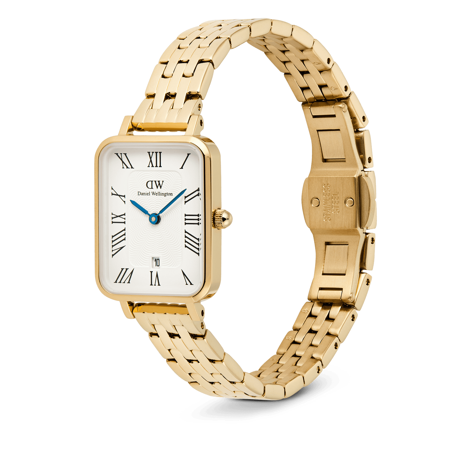 Daniel Wellington Quadro Roman Numerals Date 5-link Gold watch featuring a rectangular gold case, white dial with Roman numerals, blue hands, date window at 6 o’clock, and a polished 5-link gold stainless steel strap with butterfly clasp.