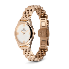 Ophelia Mini Rose Gold women’s watch featuring an oval case, white sunray dial with raised Roman numerals, and a polished rose gold beans link bracelet with a butterfly clasp.