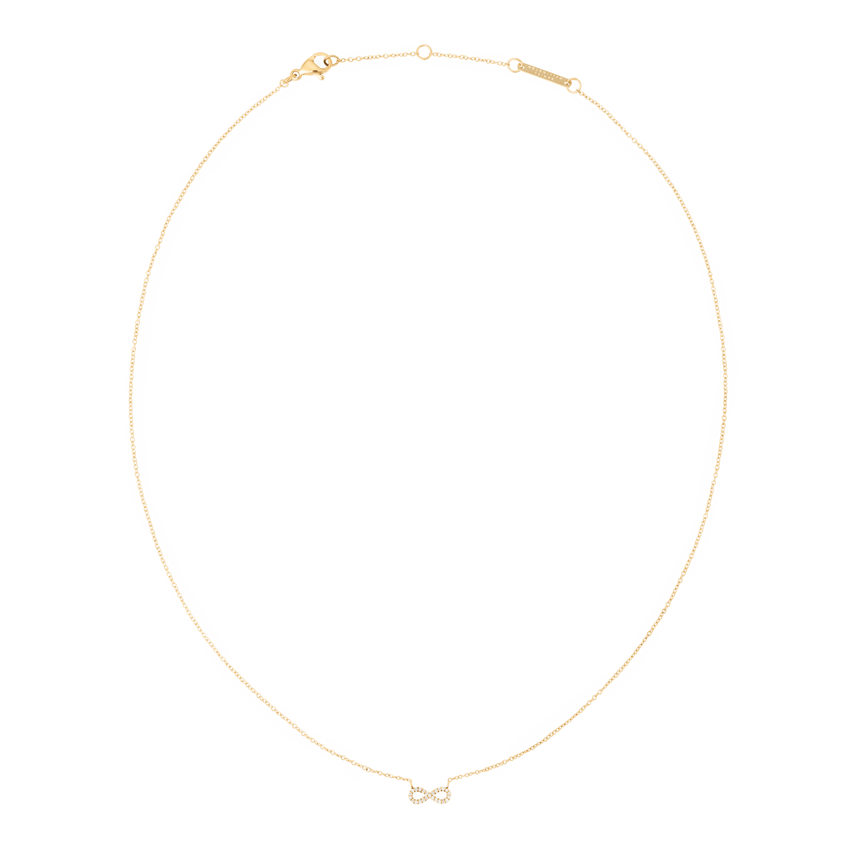 Delicate gold necklace featuring a fine chain and a central infinity symbol adorned with white cubic zirconia crystals, designed for an elegant and timeless look.