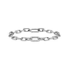 Chunky silver chain bracelet featuring a single crystal-embellished link with sparkling cubic zirconia, crafted from polished stainless steel for a modern, elegant look.