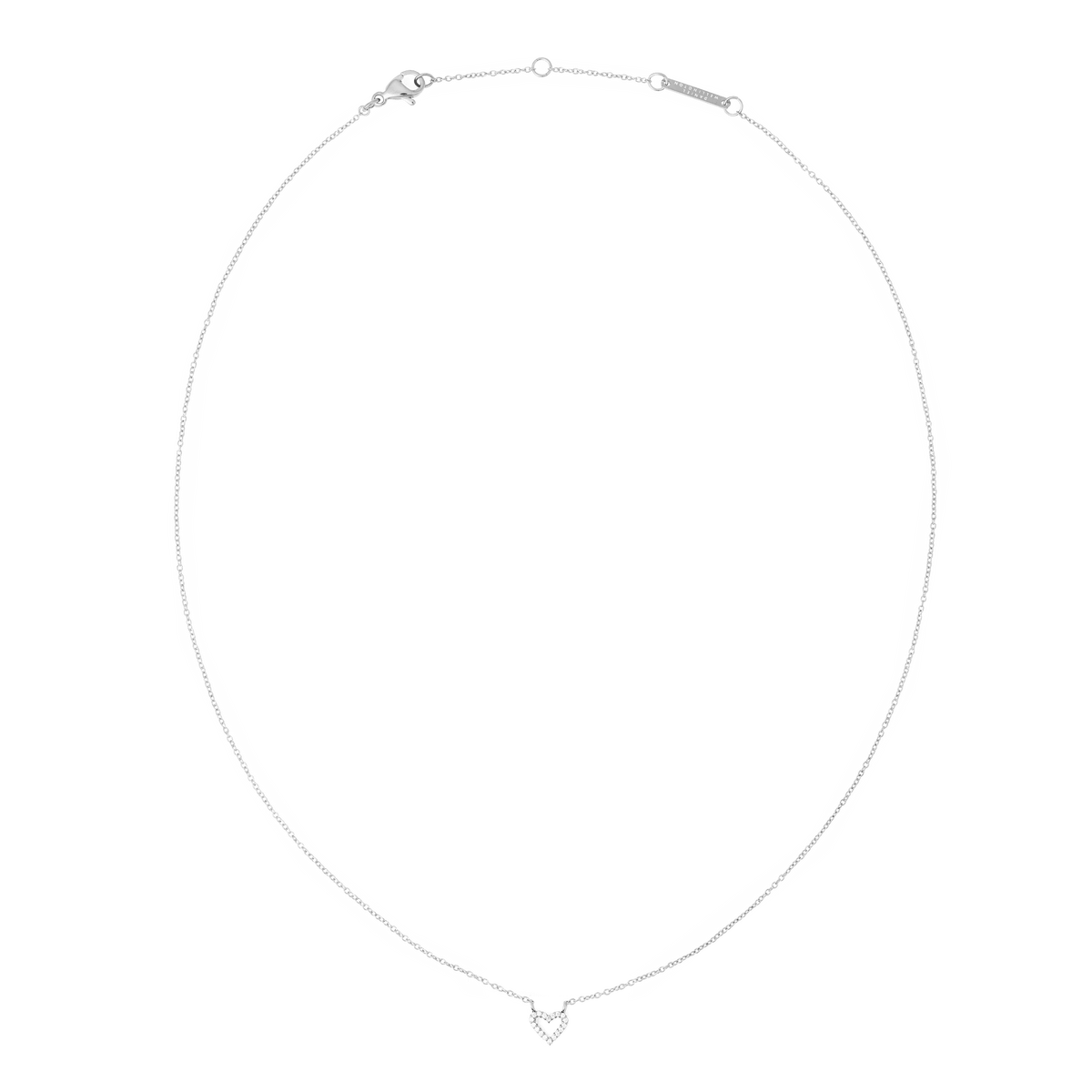Delicate silver chain necklace featuring an open heart-shaped pendant adorned with sparkling white cubic zirconia, crafted from polished stainless steel for a refined, minimalist look.
