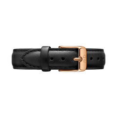 Sheffield Strap Rose Gold featuring smooth black Italian leather, detailed stitching, and a polished rose gold buckle engraved with the Daniel Wellington logo.