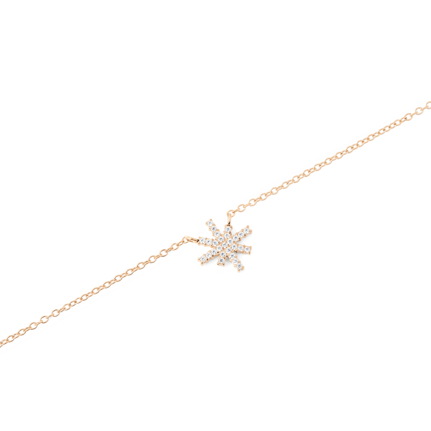 Close-up of the Mirelle Star Necklace Rose Gold, showing a fine rose gold chain with a star-shaped pendant set with sparkling white cubic zirconia crystals.