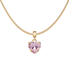 Heart Pink Crystal Charm G displayed on a gold-plated chain, featuring a heart-shaped pink cubic zirconia crystal in a claw setting with a rose gold finish, offering a romantic and elegant touch to any necklace.