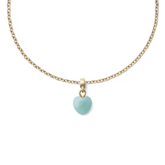 Gold chain necklace featuring a delicate heart-shaped amazonite charm in soft blue-green, set in a gold-toned mount for a refined, elegant look.