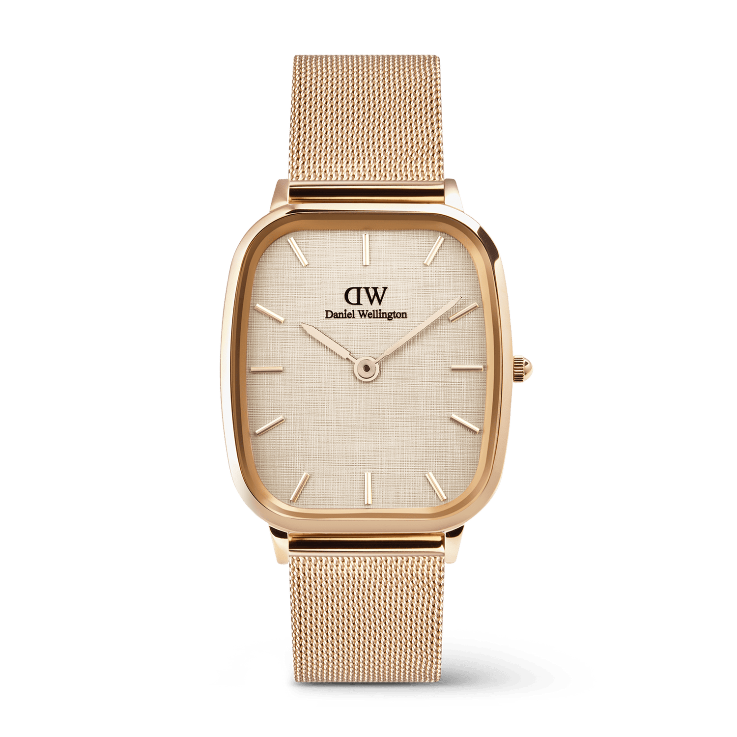 Rose gold Daniel Wellington Marlon Melrose Linen watch featuring a cushion-shaped case, linen-textured dial, minimalist hour markers, and a matching rose gold mesh strap.