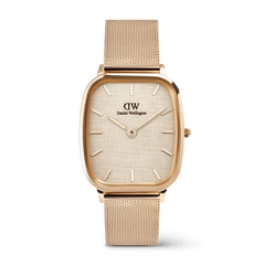 Rose gold Daniel Wellington Marlon Melrose Linen watch featuring a cushion-shaped case, linen-textured dial, minimalist hour markers, and a matching rose gold mesh strap.