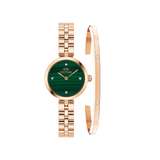 Rose gold Daniel Wellington watch with a green malachite dial and crystal hour markers, paired with a matching slim rose gold cuff bracelet featuring delicate crystal accents.