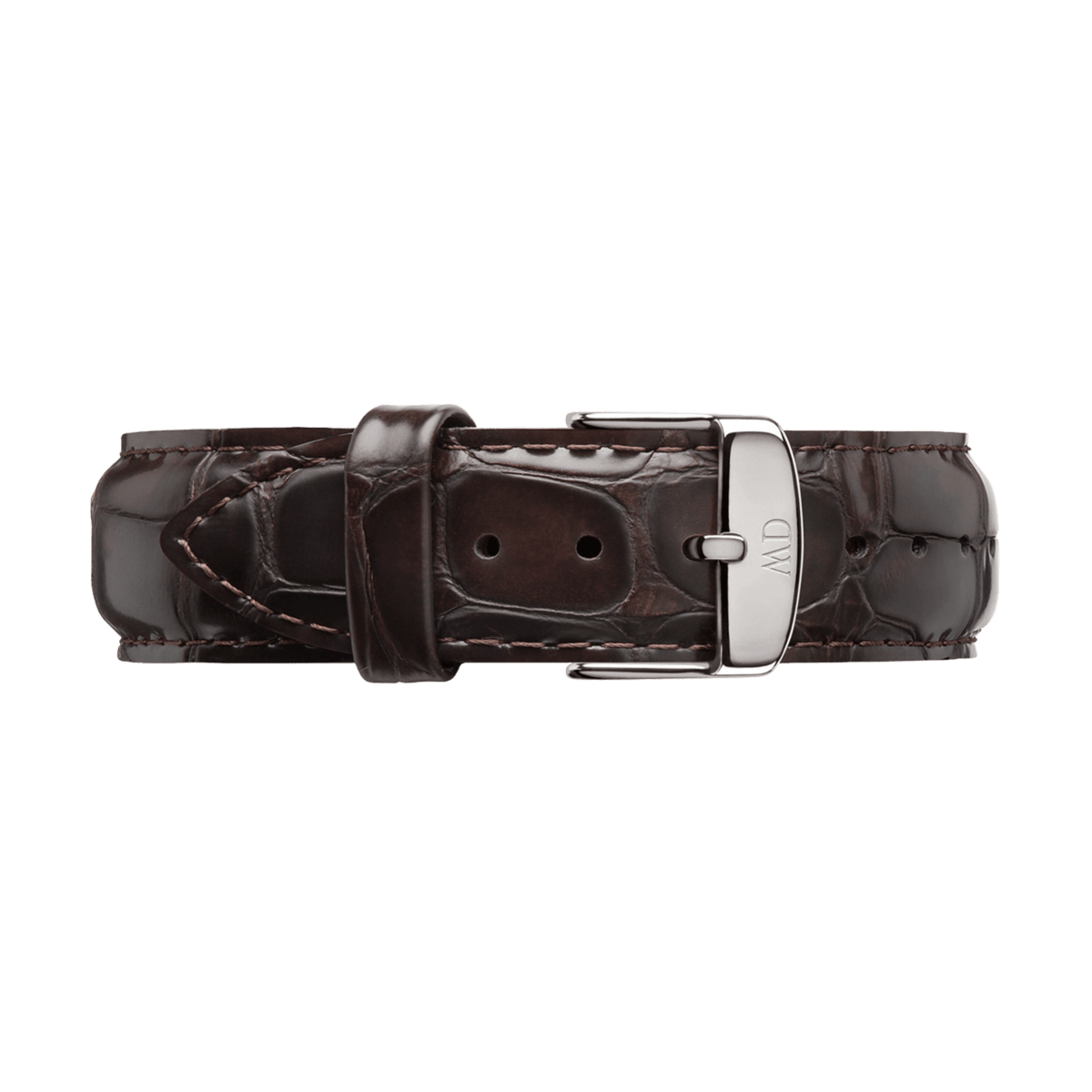 Glossy dark brown crocodile-embossed leather watch strap with silver buckle, designed for 32mm Daniel Wellington watches.