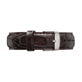 Glossy dark brown crocodile-embossed leather watch strap with silver buckle, designed for 32mm Daniel Wellington watches.