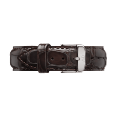 Glossy dark brown crocodile-embossed leather watch strap with silver buckle, designed for 32mm Daniel Wellington watches.