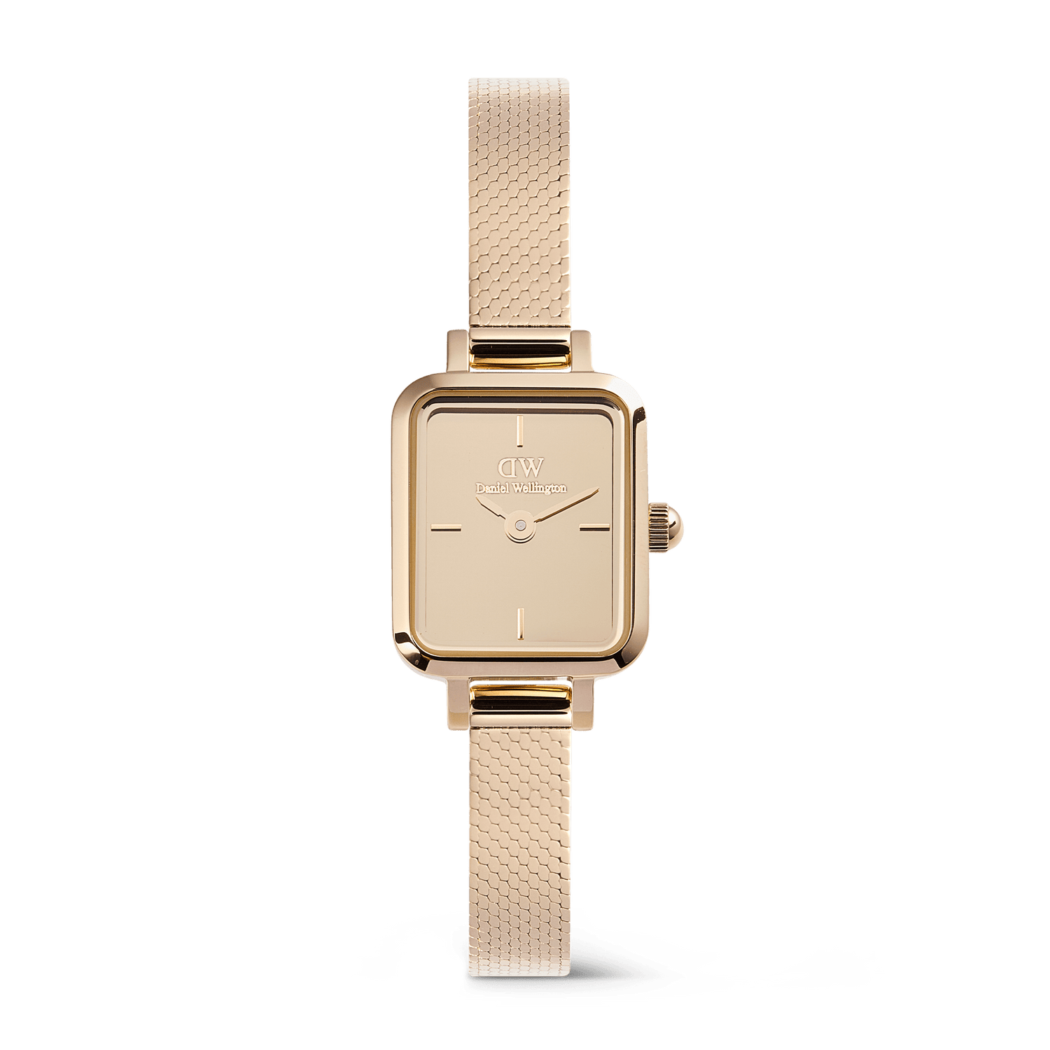 Quadro Mini Reflection Rose Gold women’s watch featuring a petite rectangular case, mirror-effect dial, and a polished rose gold mesh strap with minimalist detailing.