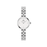 Petite Elan Lumine Silver women’s watch with white dial, crystal markers, and polished stainless steel link strap.