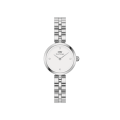 Petite Elan Lumine Silver women’s watch with white dial, crystal markers, and polished stainless steel link strap.